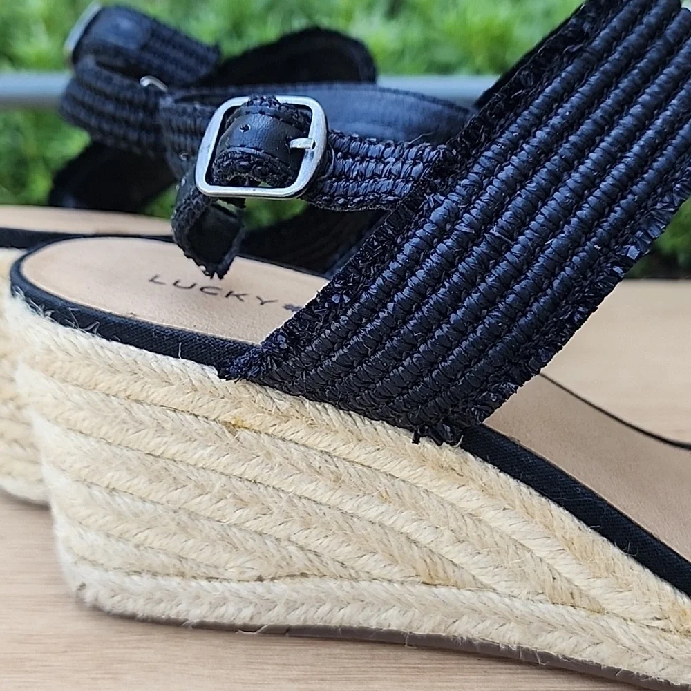 Lucky Brand Minjah Espadrille Jute-Wrapped Wedge Sandal Latte Black Platforms 11